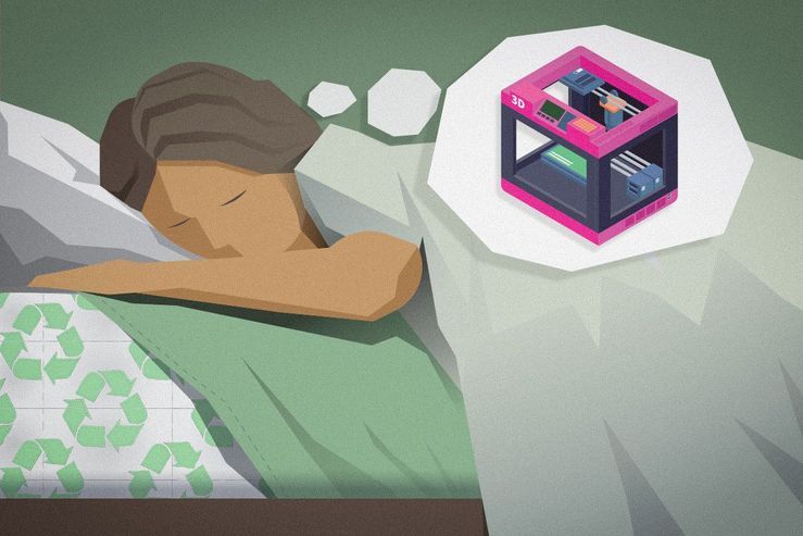 An illustration on someone sleeping on a mattress and dreaming about a 3D printer. Illustration by Graham Curry